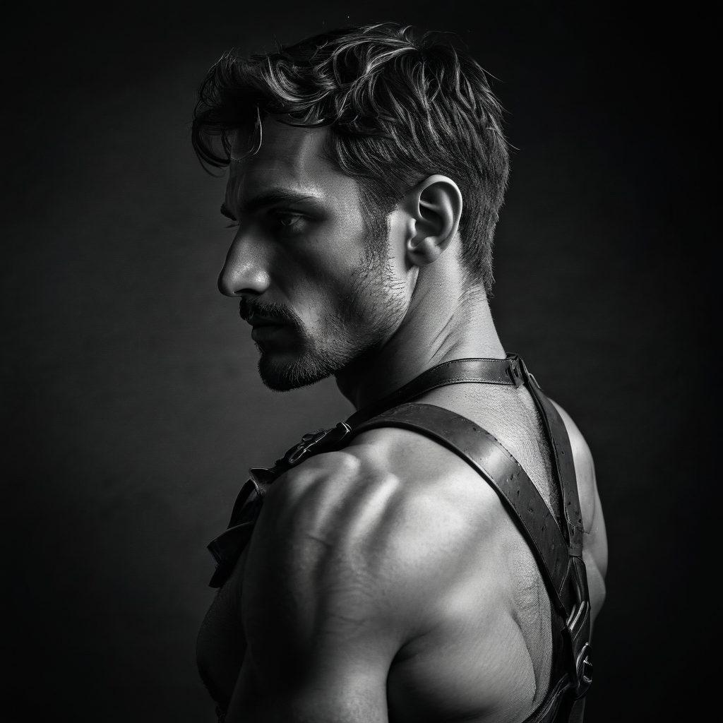A striking black-and-white photograph of a rugged man in profile, capturing strength and introspection with dramatic lighting; the background fades into soft textures symbolizing masculinity's complexity, like leather and wood; elements of photography gear subtly incorporated, such as a vintage camera slung across his shoulder. artistic monochrome. dramatic lighting. textured background.